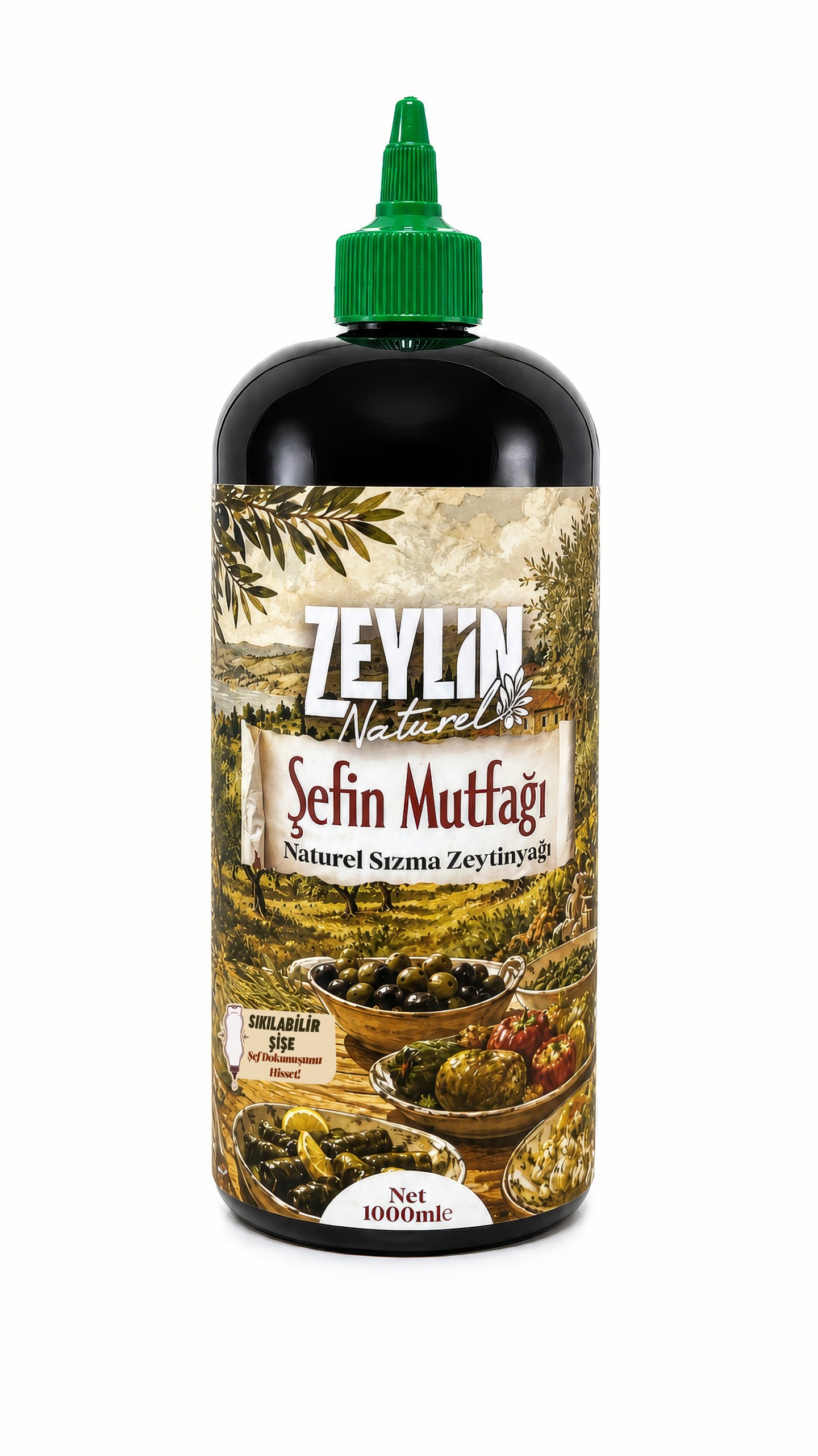 ŞEFİN MUTFAĞI SIKILABİLİR  SİYAH PET ŞİŞE NATUREL SIZMA ZEYTİNYAĞI (1 Litre)