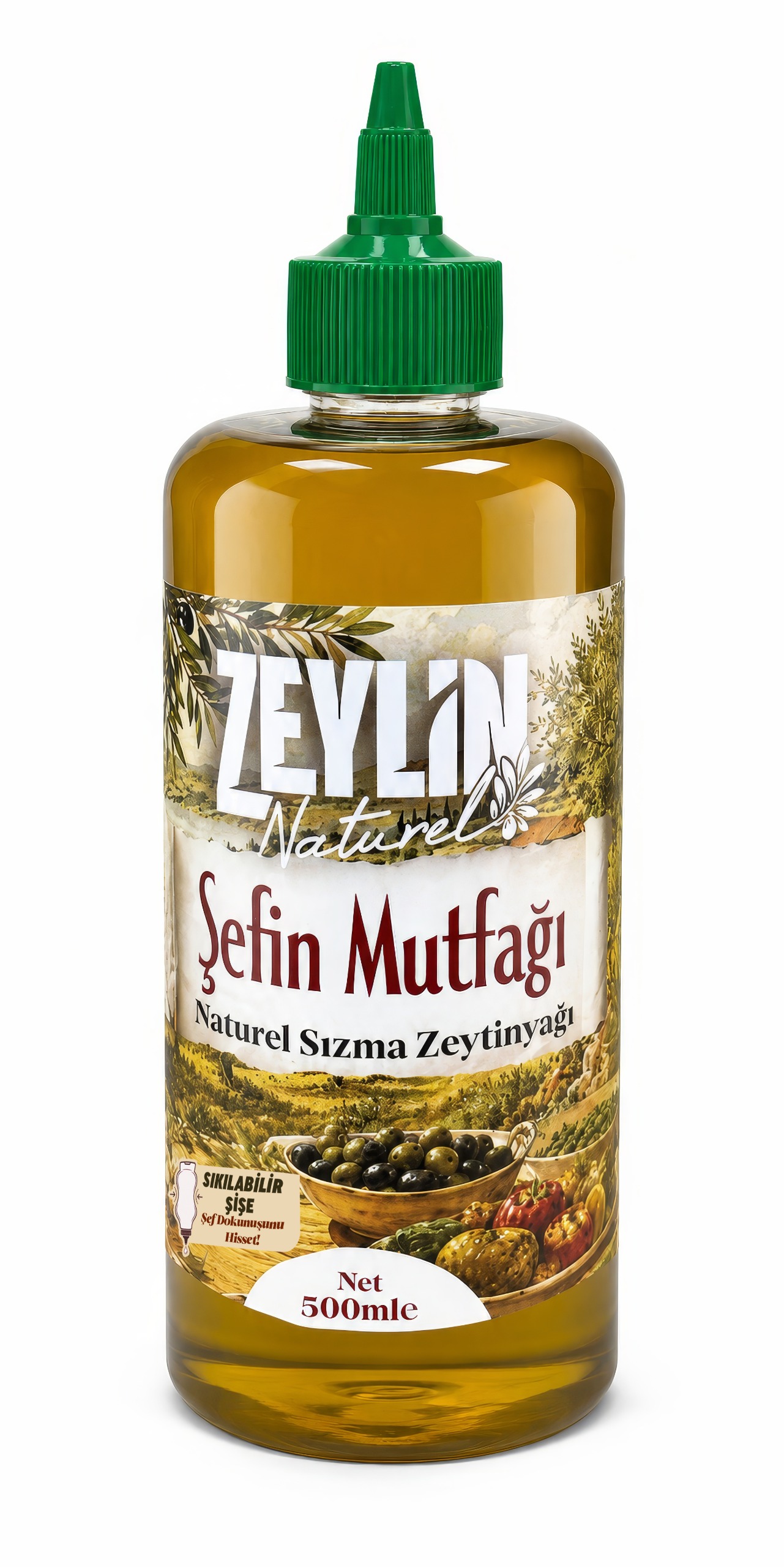 ŞEFİN MUTFAĞI SIKILABİLİR ŞEFFAF PET ŞİŞE NATUREL SIZMA ZEYTİNYAĞI (0,5 Litre)